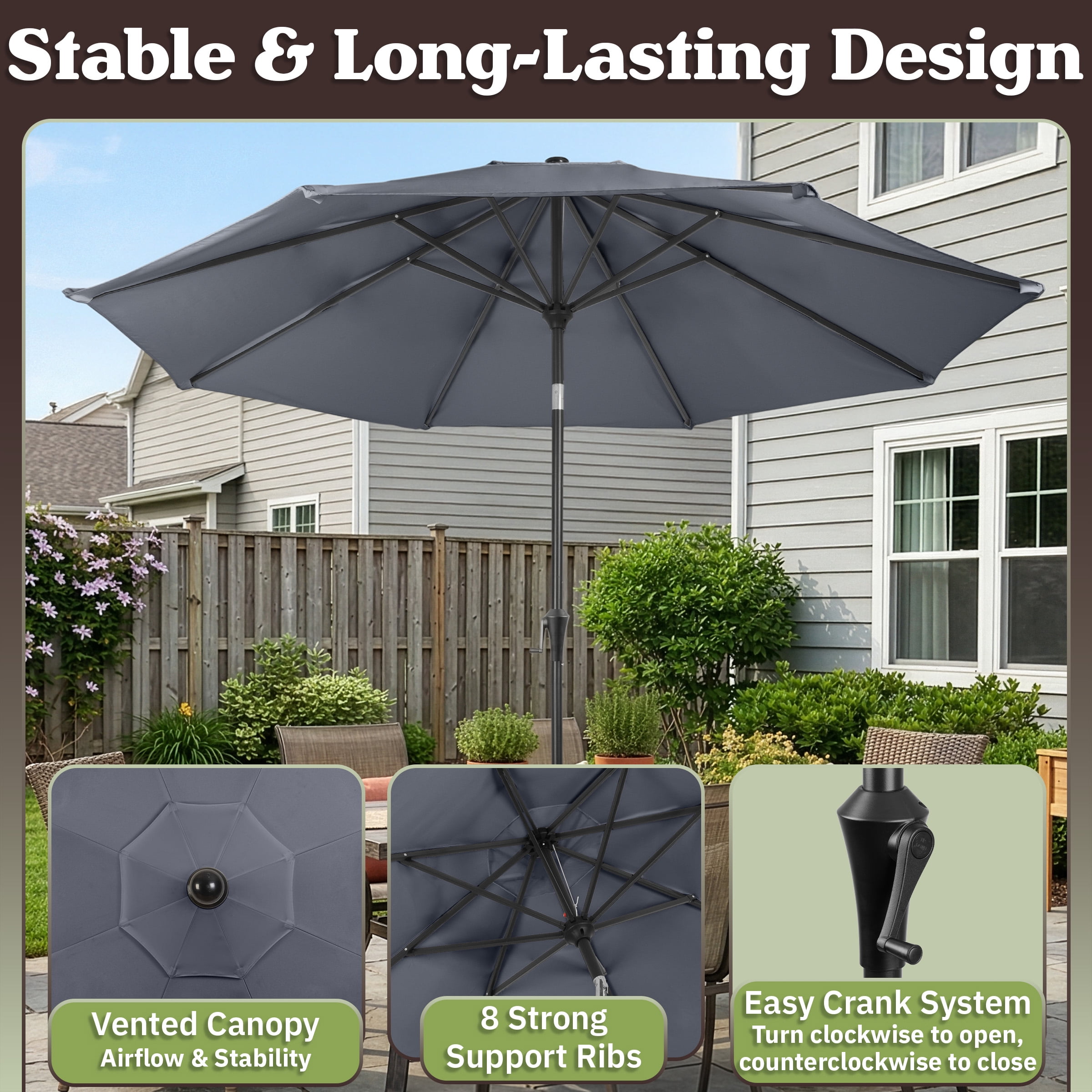 Villacera 9FT Outdoor Patio Umbrella Shade with Auto Tilt, Gray