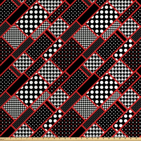 Red and Black Fabric by The Yard, Geometric Rectangle Frames Retro Patterns Polka Dots and Houndstooth, Decorative Fabric for Upholstery and Home Accents, by Ambesonne