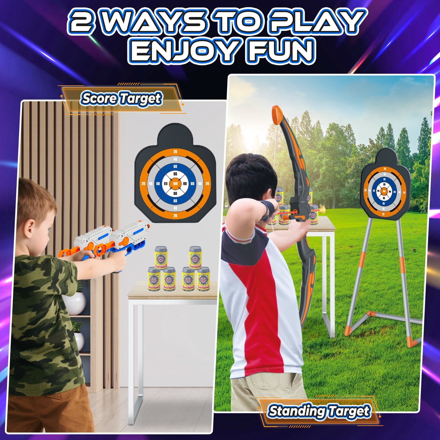 Hot Bee 2 in 1 Light-up Bow and Arrow Standing Shooting Targets Toys, Archery & Foam Dart, 2 LED Bows & 24 Arrows, Indoor Outdoor Shooting Game Christmas Toy Gift for Kids Ages 5-12