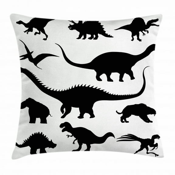 Dinosaur Throw Pillow Cushion Cover, Various Black Dino Silhouettes Jurassic Evolution Extinction Predator Animals, Decorative Square Accent Pillow Case, 24 X 24 Inches, Black White, by Ambesonne
