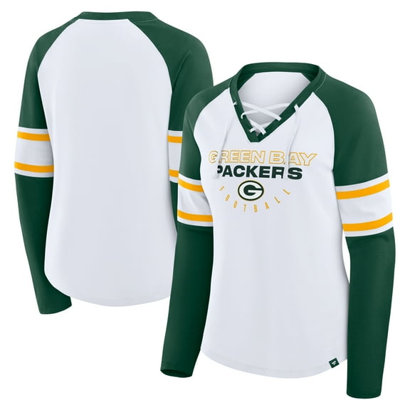 Women's Fanatics White/Green Green Bay Packers Redzone Blitz Package Raglan Lace-Up V-Neck Long Sleeve T-Shirt