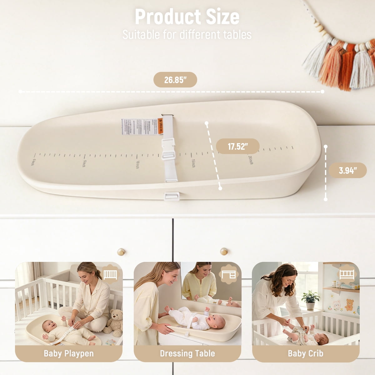 Baby Changing Pad, Caveen Eva Diaper Changing Station, with Height Ruler & Anti Slip Bottom, Waterproof, Beige