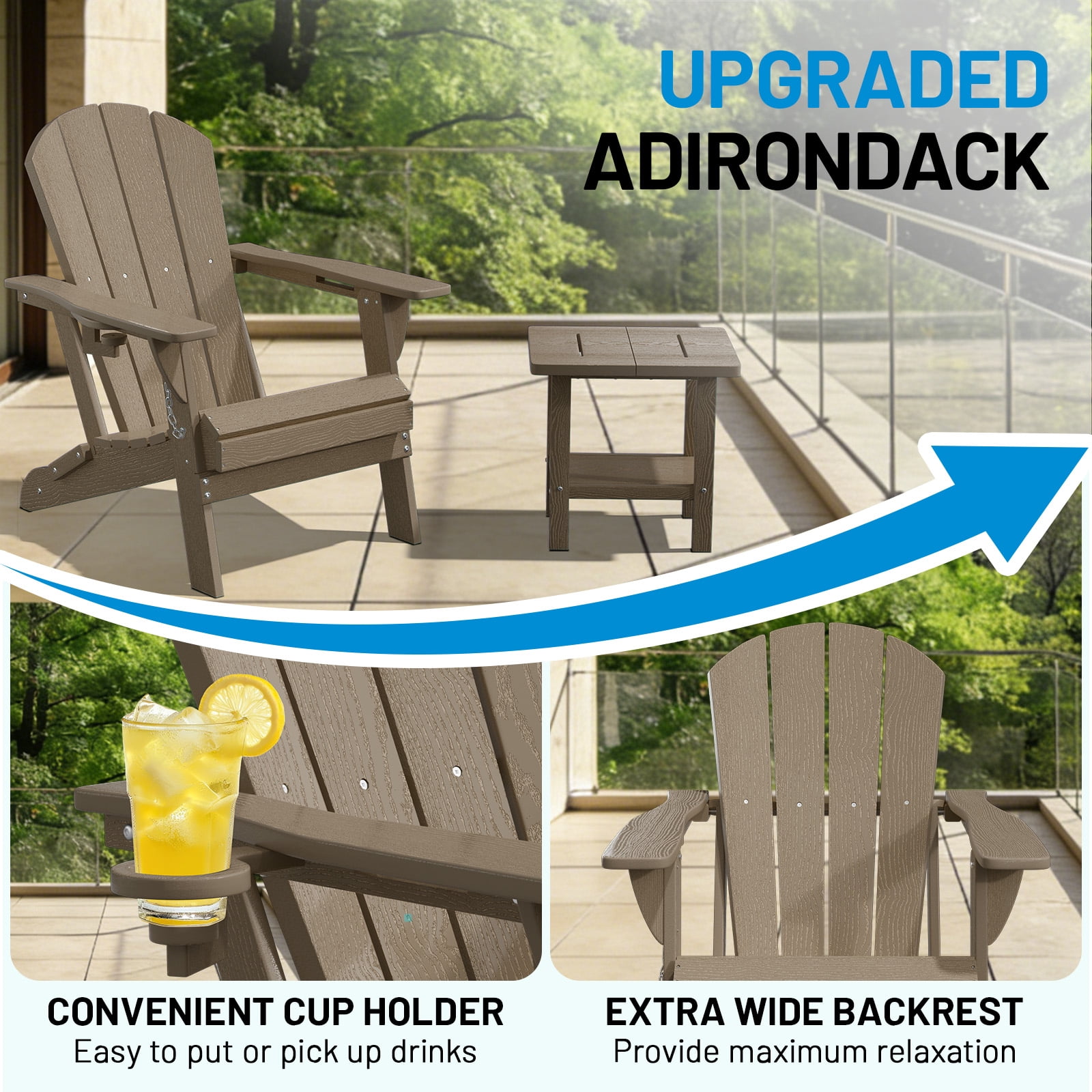 Easthome Adirondack Chair Set of 2, HDPE All-Weather Patio Chairs with Cup Holder & 380lb Capacity, Outdoor Lawn Chairs for Deck, Garden, Poolside, Patio - Brown