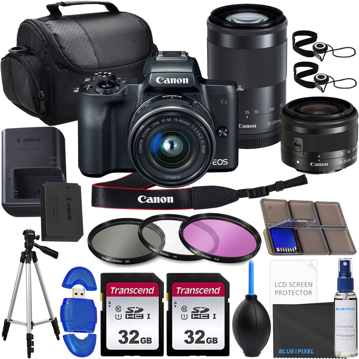 Canon EOS M50 Mirrorless Digital Camera with EF-M 15-45mm Lens and EF-M 55-200mm f/4.5-6.3 is STM Lens 4K Video with 64gb Advanced Photo and Travel Bundle