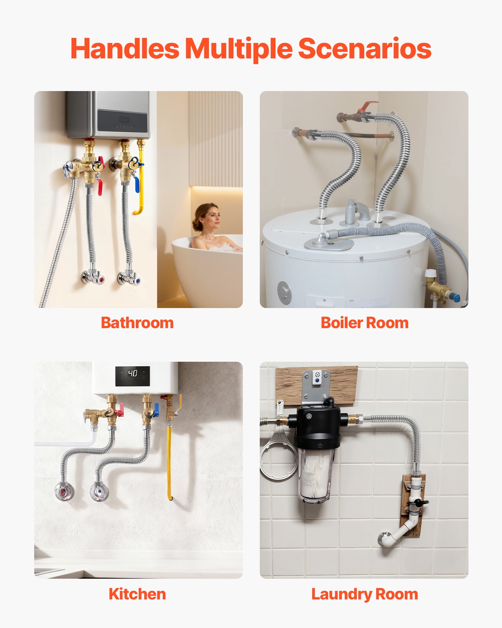 VEVOR Water Heater Kit, 18 Inch Length Water Heater Flex Connector, Waters Heaters Installation Kit with 1" FIP x 1" FIP Inlet & Outlet Connection for Bathroom, Kitchen, Laundry Room, Boiler Room