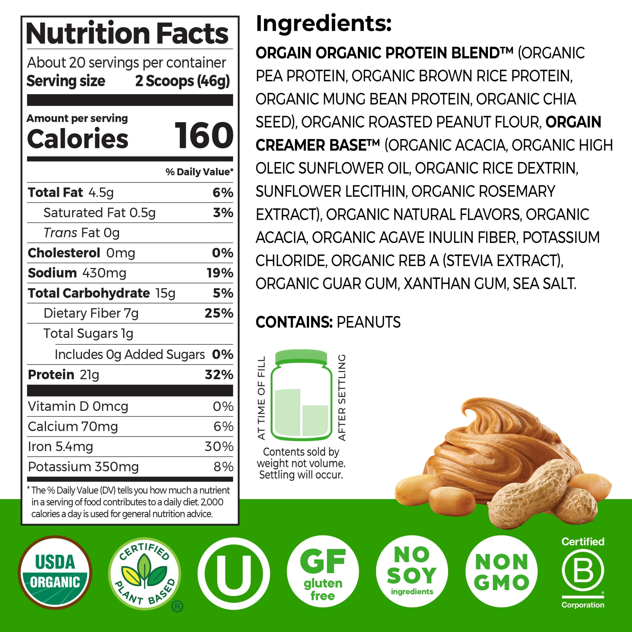 Orgain Organic Vegan 21g Protein Powder, Plant Based Shake Drink, Peanut Butter 2.03lb