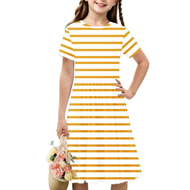 Soldes de Liquidation Aujourd'hui Offres Iumwxz Robe Décontractée Trapèze Robe Tunique pour Adolescentes Robes Col Rond à Rayures Graphique Robe à Manches Courtes pour Enfants Robes Sport pour Vacances 4-14a