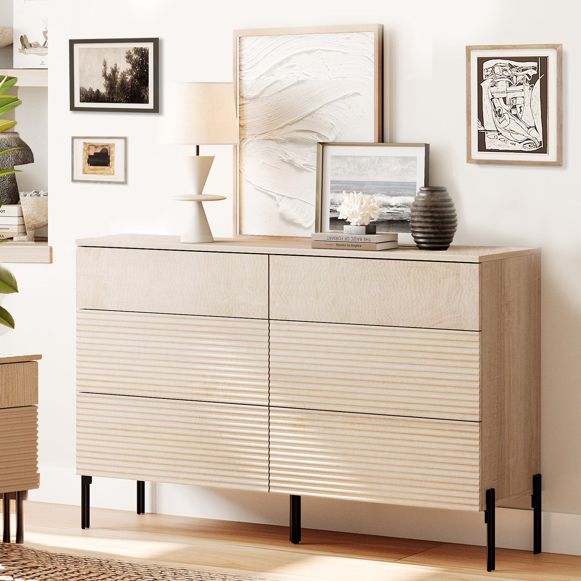 WAMPAT 47.2" Wood Accent Cabinet with Drawers, Modern Credenza Storage Cabinet with Minimalist Reeded Design for Living Room, Kitchen, Dining Room, Hallway