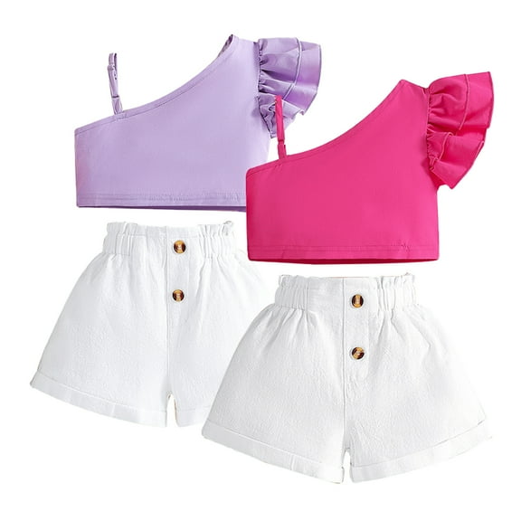 WOLLED Baby Girls 2 Piece Summer One Shoulder Outfit Toddler Halter Ruffle Shirt Tops shorts Pants for 12M-6Y