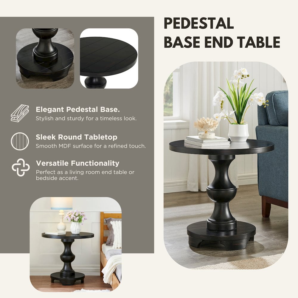 Roundhill Furniture Caesar Traditional Round Pedestal End Table, Black