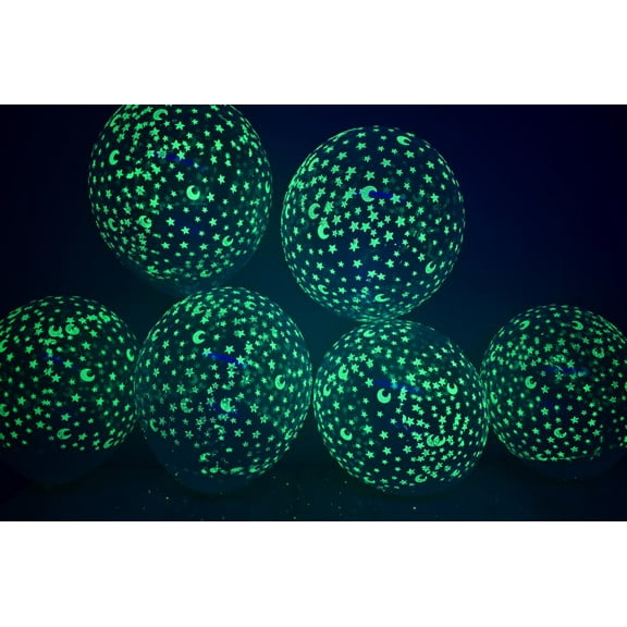 DirectGlow 10 Ct 11 inch Glow in The Dark Moons and Stars Clear Latex Party Balloons