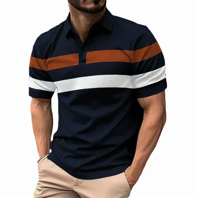 Shirts for Men, Mens Patchwork Fallow Button Round Neck Sports Short Sleeve Shirt