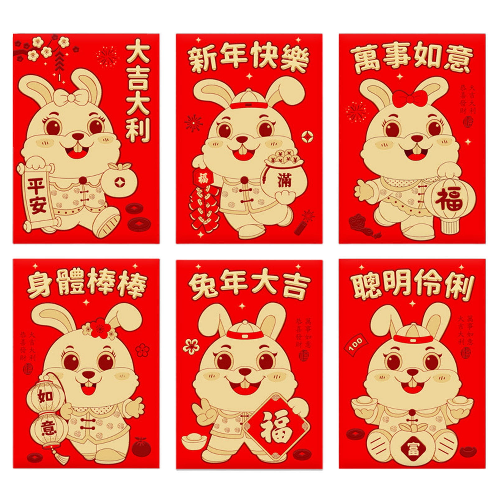 OPOLSKI 6Pcs Rabbit Red Packet Jubilant Cartoon Traditional 3D Relief  Stamped Cute Bunny Print Red Envelopes for New Year