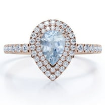 JeenMata Pave Setting - 1.75 Carat Teardrop Deep Blue Created Aquamarine and Moissanite - Dual Cluster Engagement Ring - 18K Rose Gold Plating over Silver
