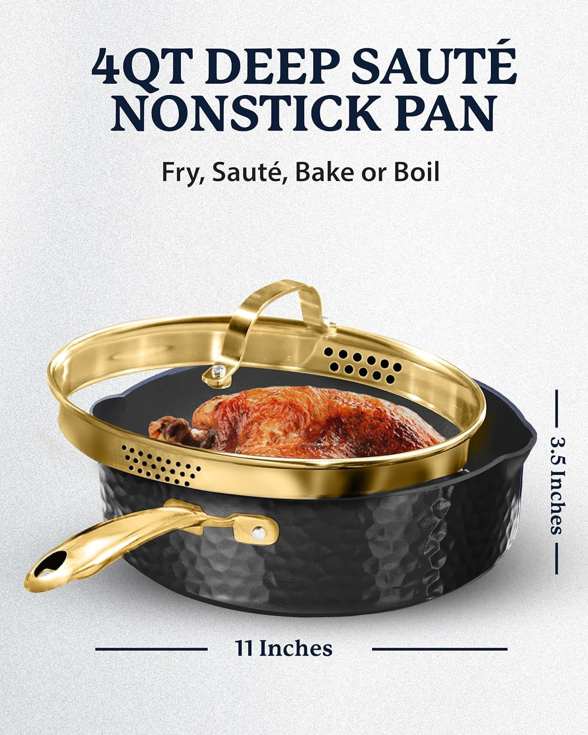 Granitestone Hammered 4 Qt Saute Pan with Lid - 12 Inch Non Stick Frying Pan with Strainer Holes, Cooking Pan, Nonstick Skillet, Induction Pan, Ceramic Pan, Dishwasher Safe, Black