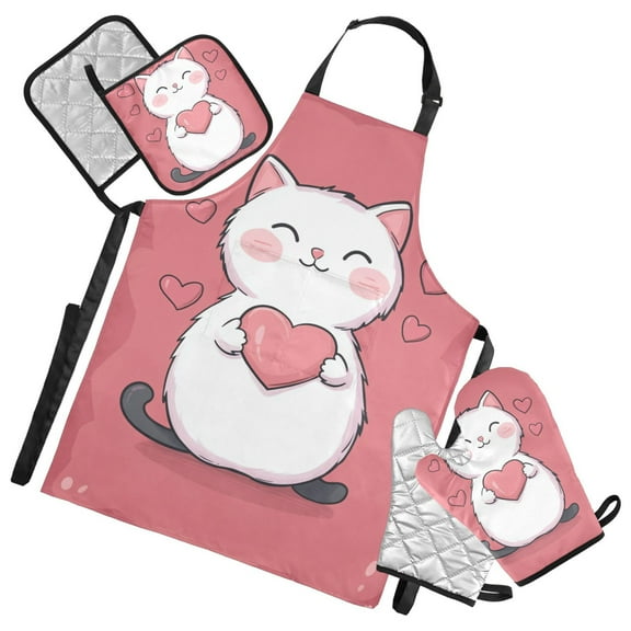 Pink Love Heart Cat Oven Mitts and Pot Holders with Chef Apron Set 5 Pcs Kitchen Cooking Set