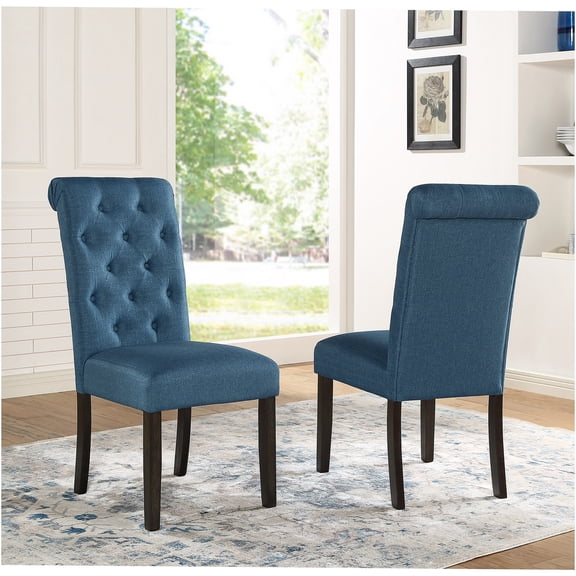 JERFIT Blue Velvet Upholstered Dining Chairs Set of 2, Button Tufted High Back Side Chairs with Solid Wood Legs for Kitchen Dining Room