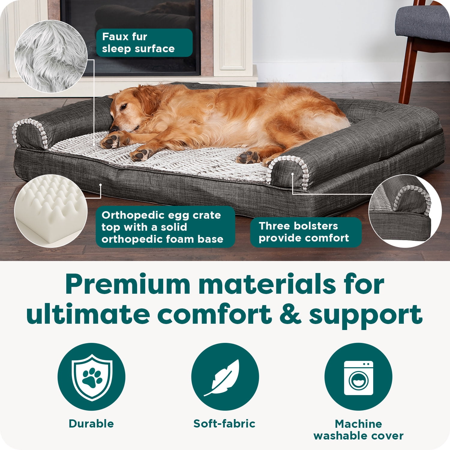 FurHaven Pet Products Luxe Fur & Performance Linen Orthopedic Sofa Pet Bed for Dogs & Cats - Charcoal, Large