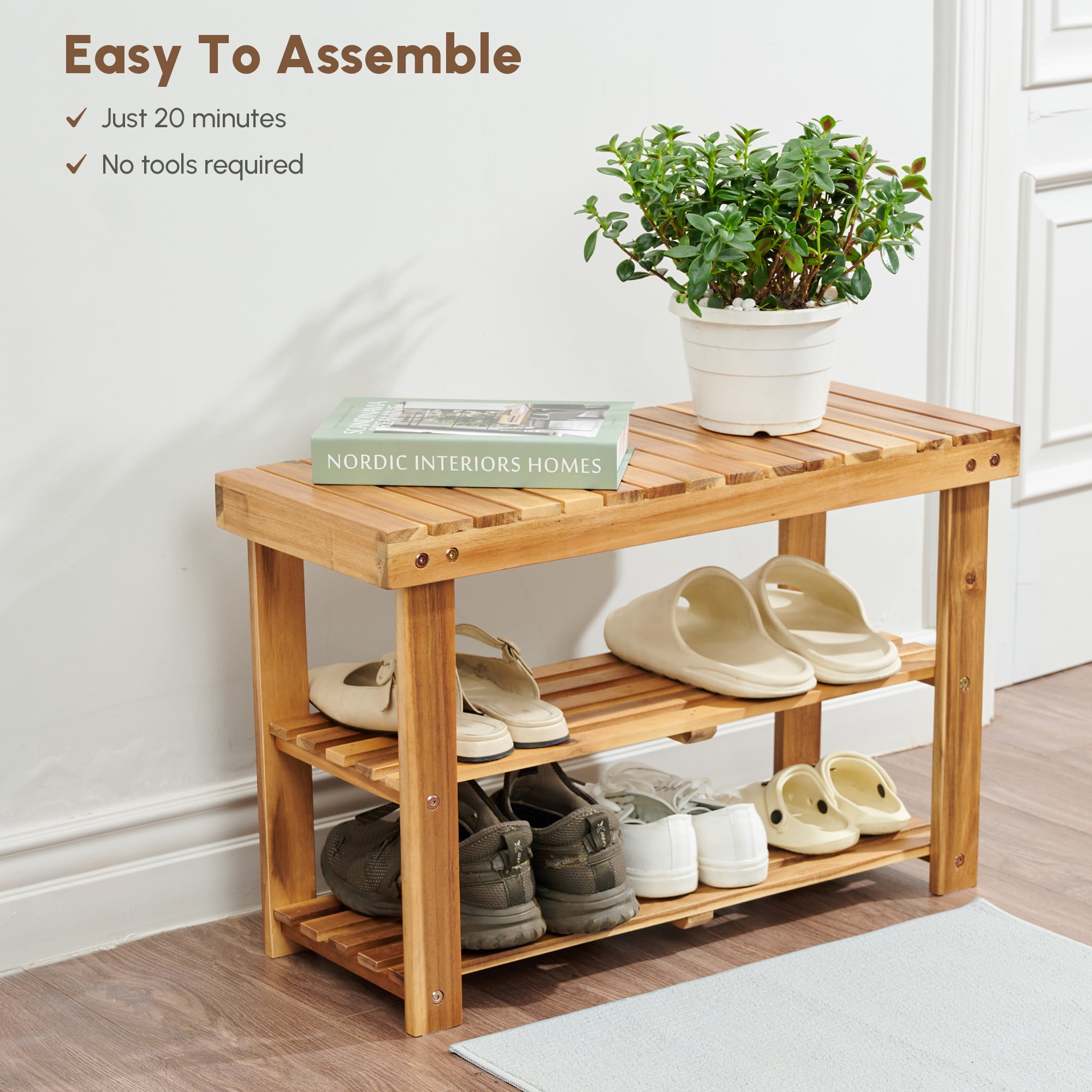 Yoneston Solid Wood Shoes Rack Bench, 3-Tier Storage Rack Organizer for Entryway Bathroom and Hallway, Natural Brown