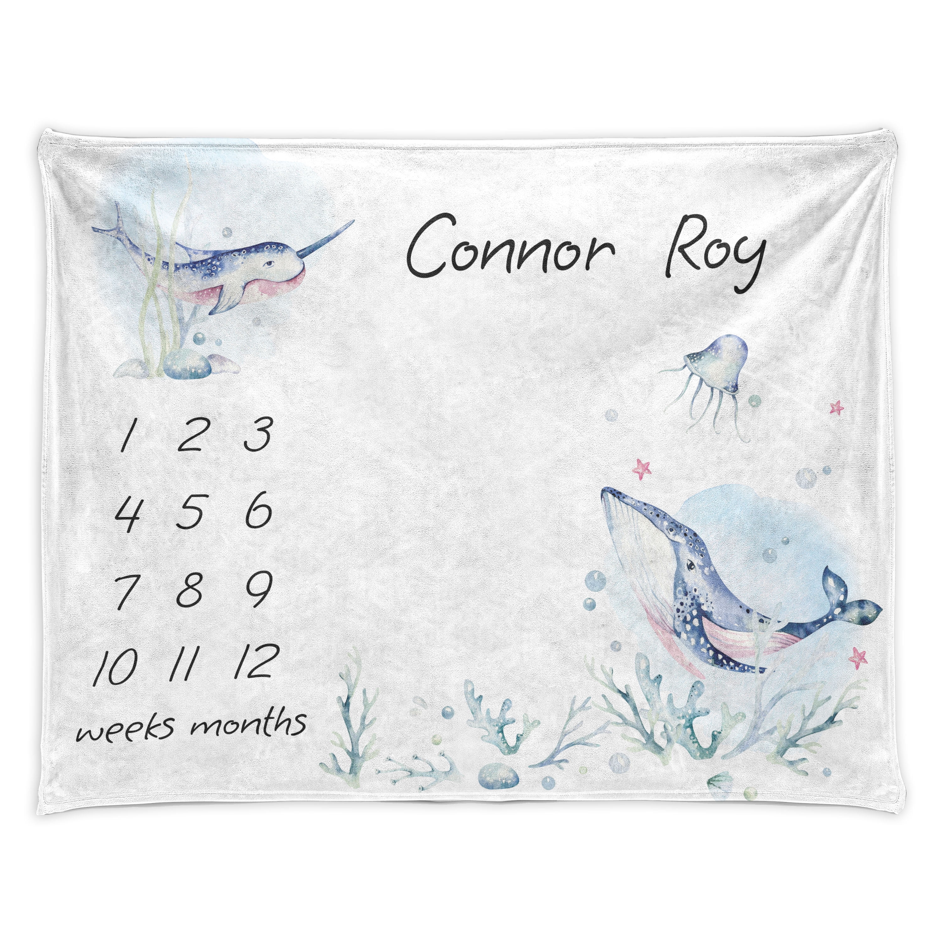 Marine Milestone Blanket, Narwhal Whale and Jellyfish Watercolor