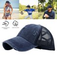 thumbnail image 3 of Malla Rasgada Algodón Lavado Cola Caballo Desgastada Con Visera Sombrero para Hombres Y Mujeres Béisbol Con Visera para El (azul Marino) [tarifa Embalaje Agregada Énfasis en Embalaje Separado], 3 of 9