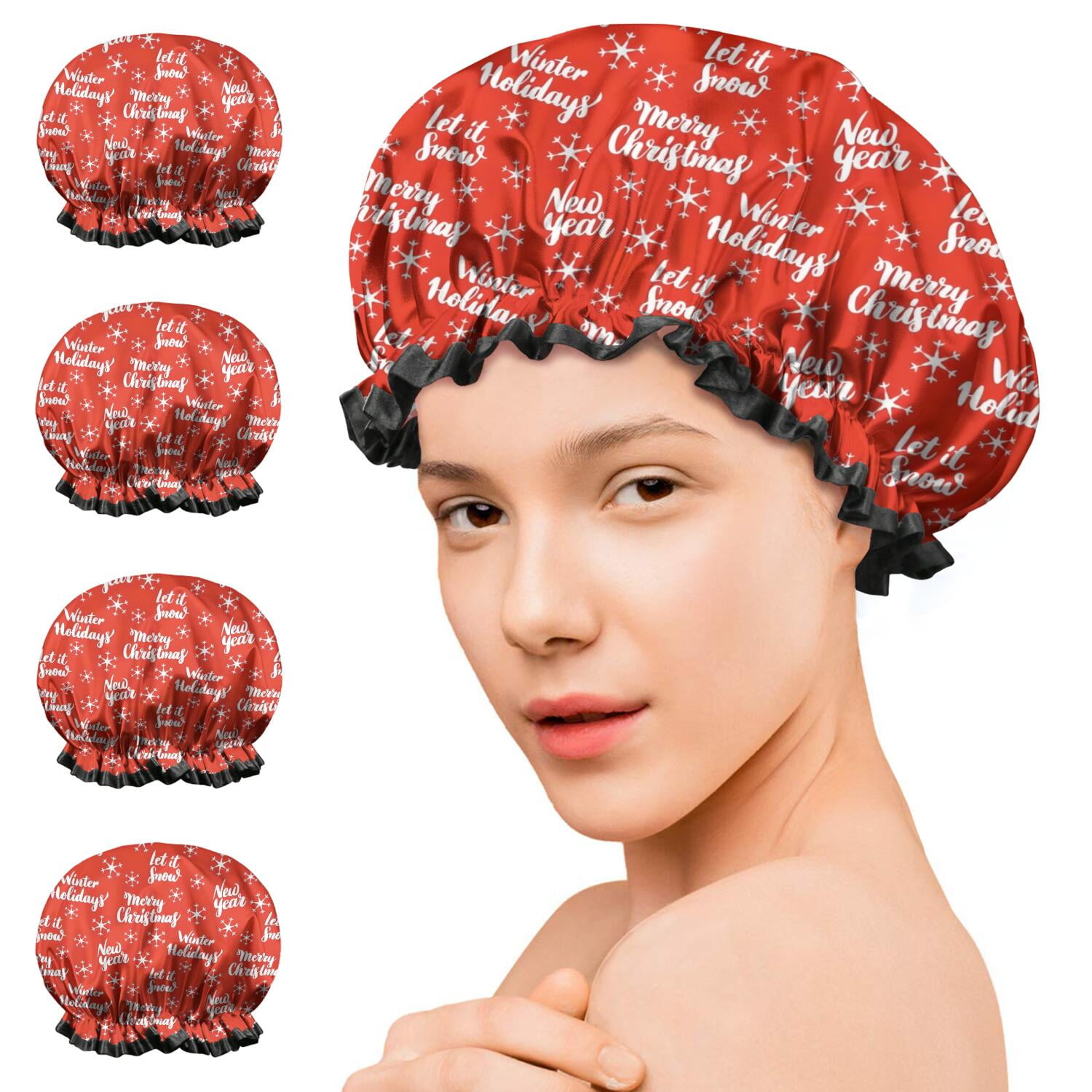 Shower Caps,Red Christmas Text and Snowflake Pattern Waterproof Shower Cap for Women 4 Pieces,Double Reusable Hair Cover for Shower PEVA Elastic Stretch Hem