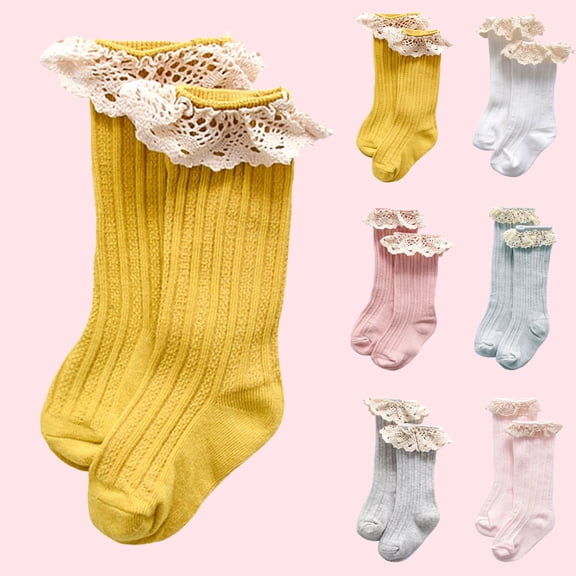 RTKFRFLM Girls Ruffle Lace Knee High Socks Cotton Princess Long Stockings for Toddlers Pink 1-3 Years