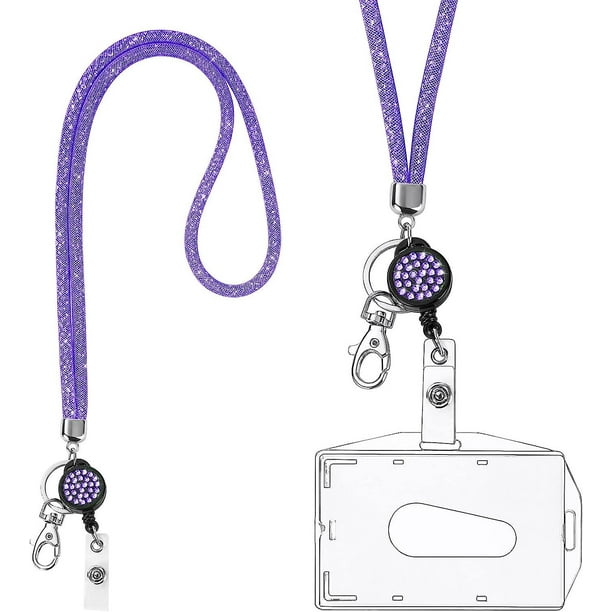 Cordón de cristal para collar (morado), llavero brillante, porta credencial transparente con cordón de cristal retráctil y portatarjetas de identificación, para tarjetas de presentación, autobuses