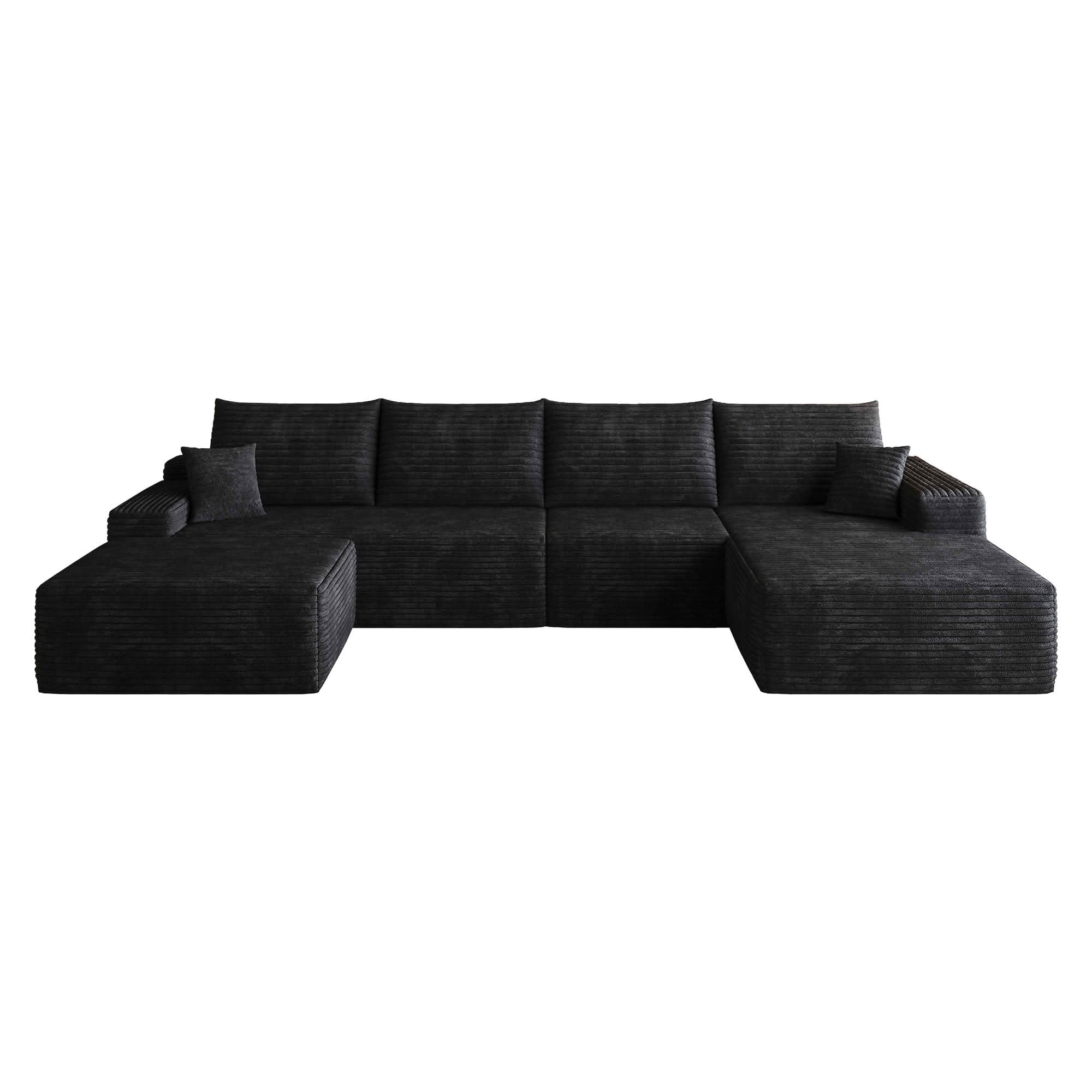 MAYEERTY 135-Inch Black Plush Corduroy 5-Seat U-Shaped Cloud Modular Sectional Sofa, Deep Seat Corner Couch with Ottoman No Assembly Required