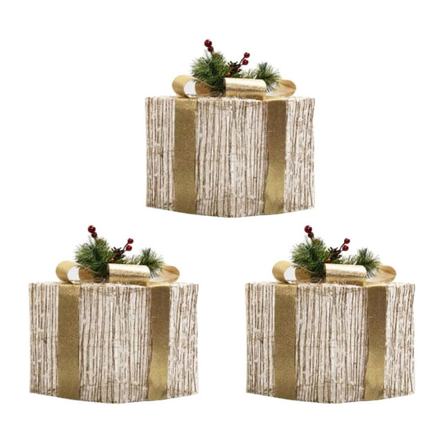Billuyoard Fondo de árbol de Navidad de operación inalámbrica, 3 uds., con luz LED, cajas de regalo de Navidad emisoras de luz Kits de decoración para fiestas Algodón