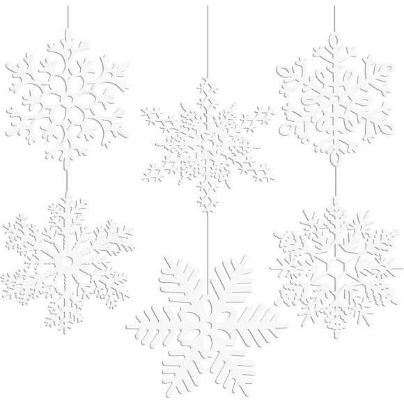 MIAHART 12 inches Large White Snowflakes Ornaments 6 Pack Big Plastic Glitter Snowflake Ornaments for Christmas Tree Winter Indoor Outdoor Window Giant Craft Hanging Snowflakes Decorations