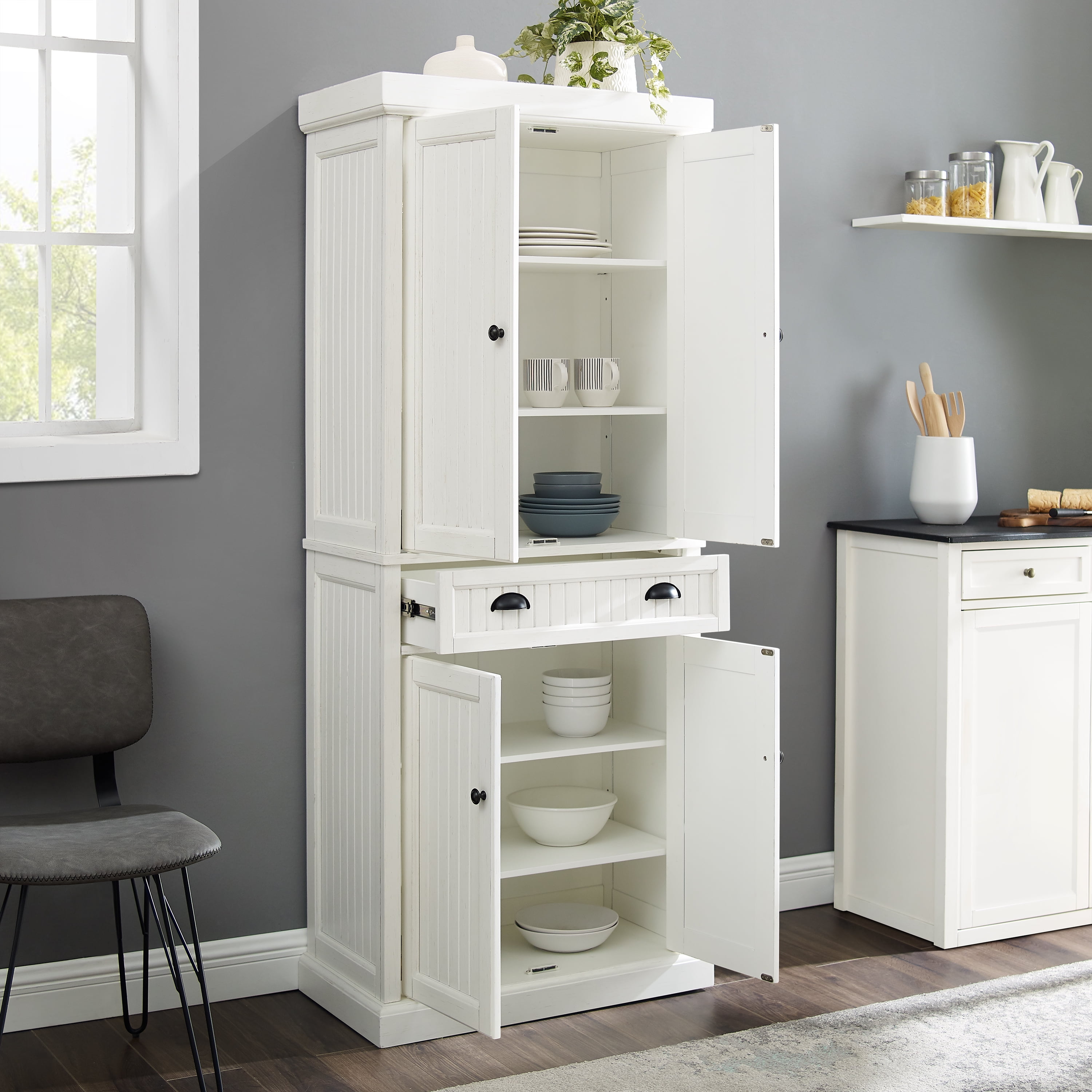 Crosley Furniture Seaside Coastal Pantry Storage Cabinet with Shelves, Kitchen, Dining, or Laundry Room