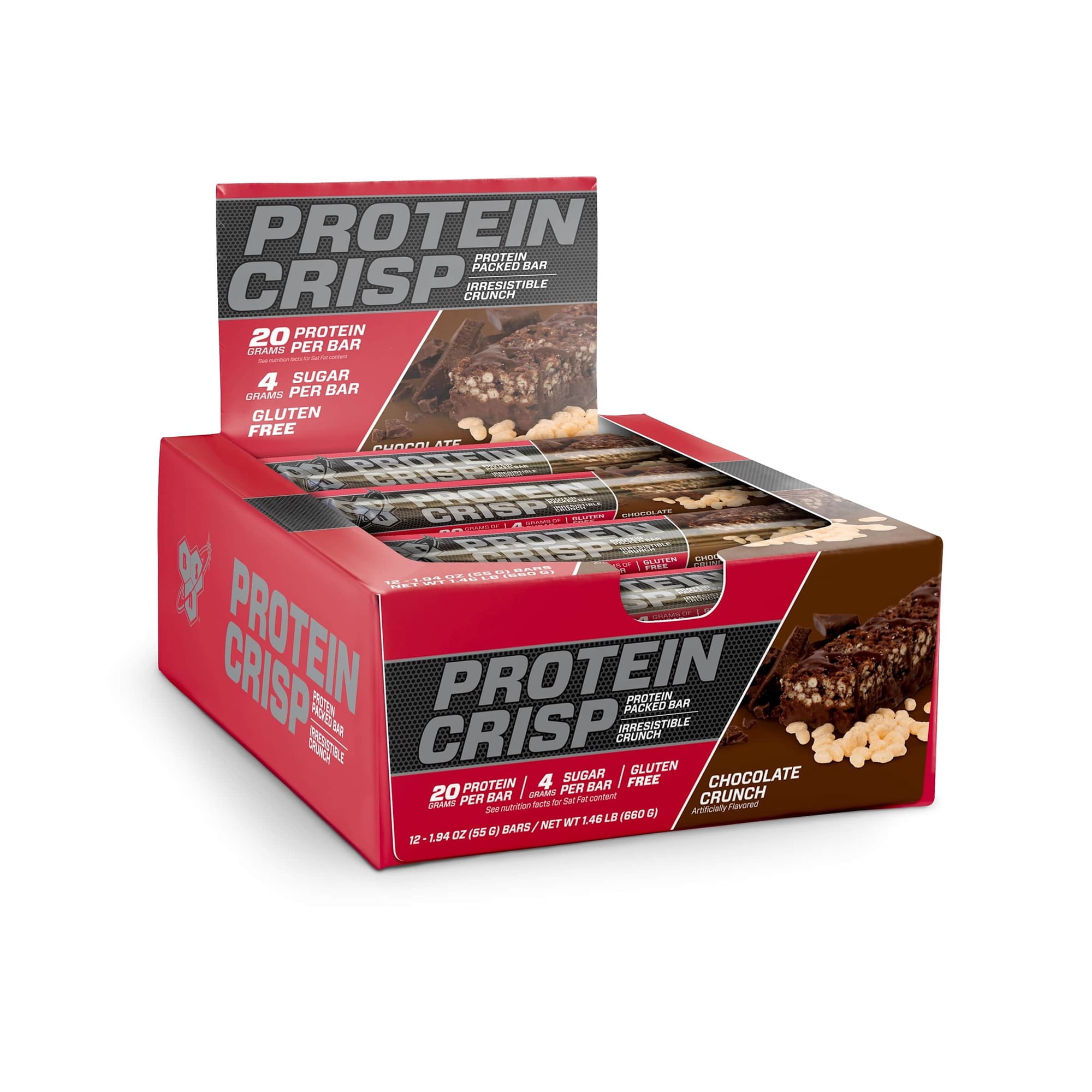 BSN Protein Crisp Bar, Whey Protein, 20g of Protein, Gluten Free, Low Sugar, Chocolate Crunch, 12 Count