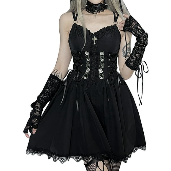 Women Gothic Lace Mini Dresses Vintage Goth Punk Dress Spaghetti Strap Party Dresses