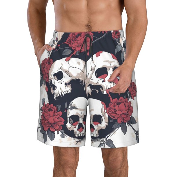 Balery Gothic Skulls And Roses Traje de Baño Estilo Hawaiano para Hombre, Shorts de Secado Rápido con Bolsillos-Large