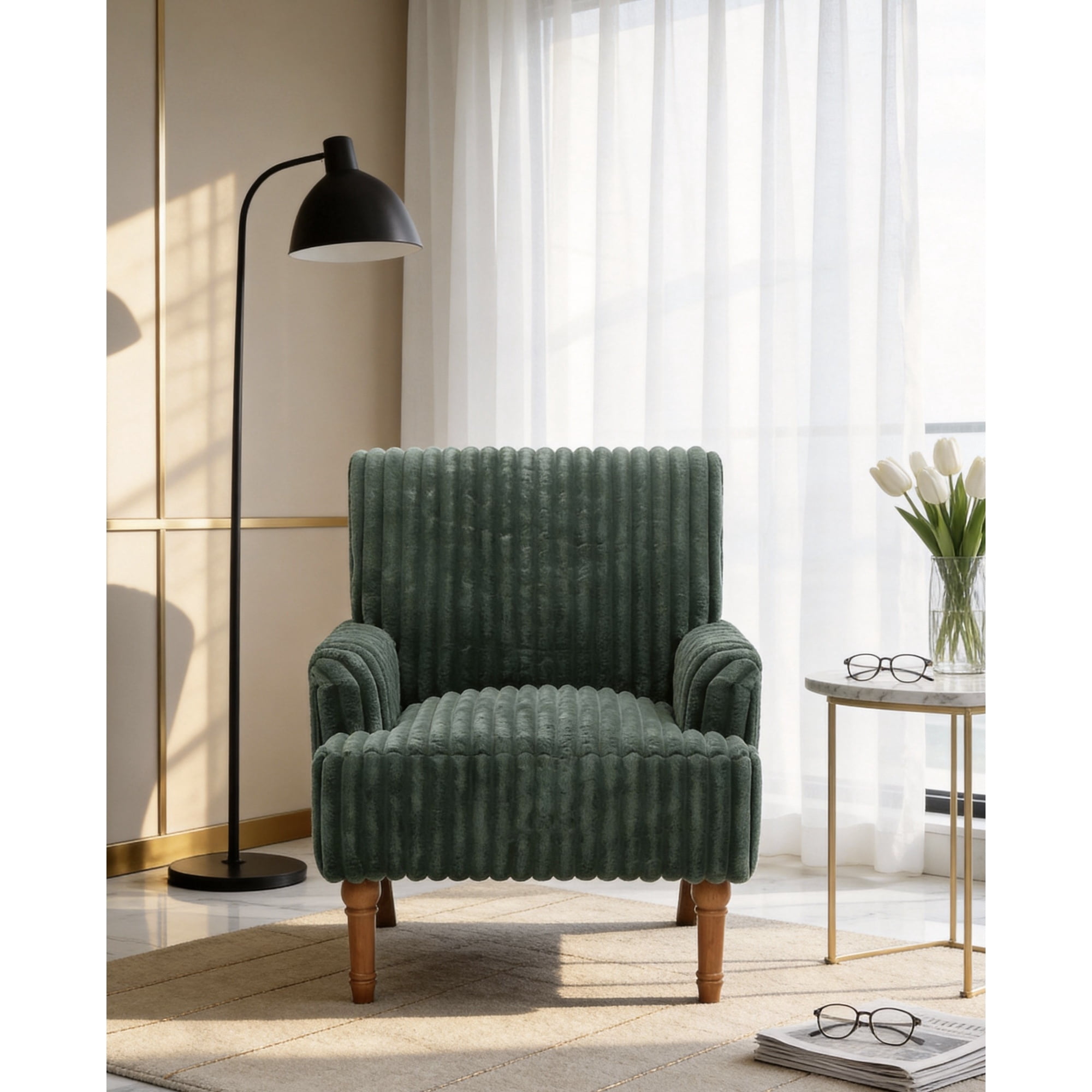 Leumius Modern Accent Chair with 9" Solid Wood Legs, Comfortable Upholstered Corduroy Armchair for Living Room Bedroom, Office Green