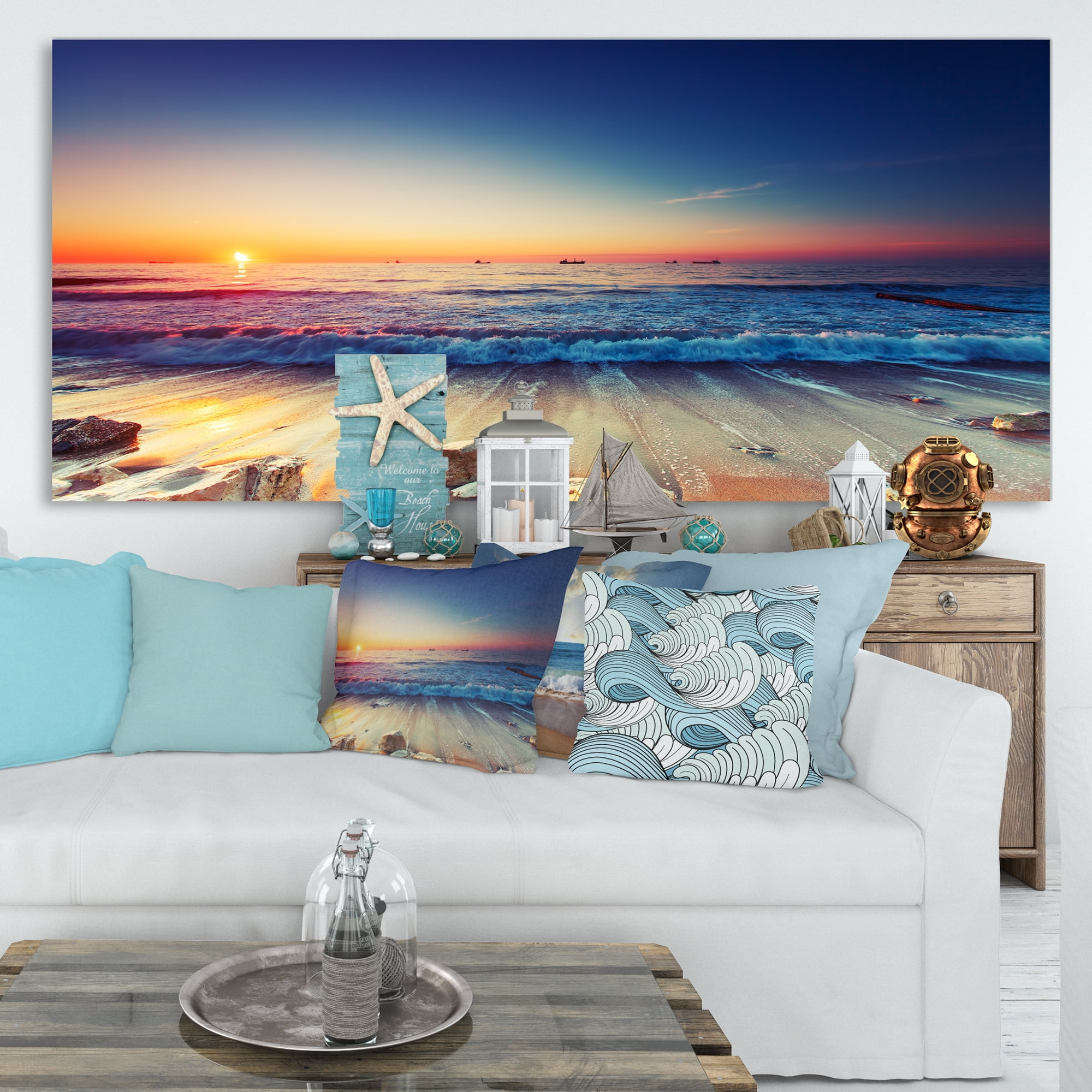 Designart 'Beautiful Sunrise over Blue Sea ' Seashore Canvas Art Print