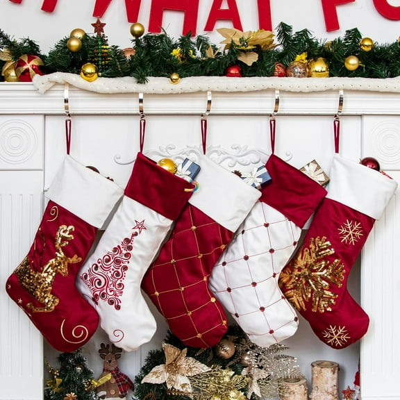 GEX Family Christmas Stockings Set of 5 New Embroidery Sequins 20" Large Decor Hanging Ornament Fireplace Xmas Tree Holiday Party Decoration (5 Packs)