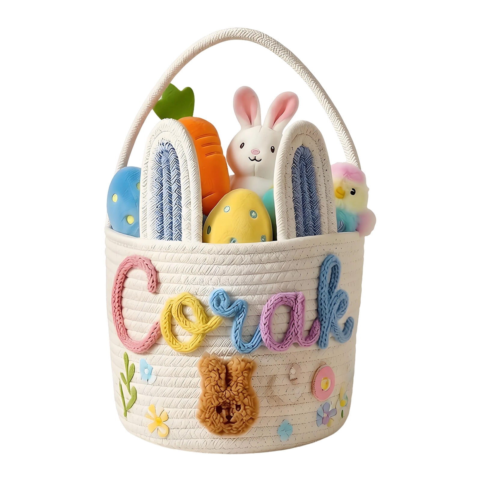 Personalised Easter Basket, Easter Basket 3D Cord Embroidery Technology, Easter Nest for Filling for Boys and Girls, Not Include Dolls (Rabbit Design)