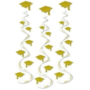 Gold School Graduation Grad Caps Whirls Streamers Hangers Decoration 3 Pack