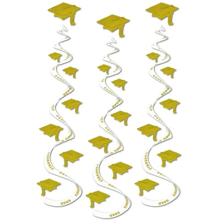 Gold School Graduation Grad Caps Whirls Streamers Hangers Decoration 3 Pack
