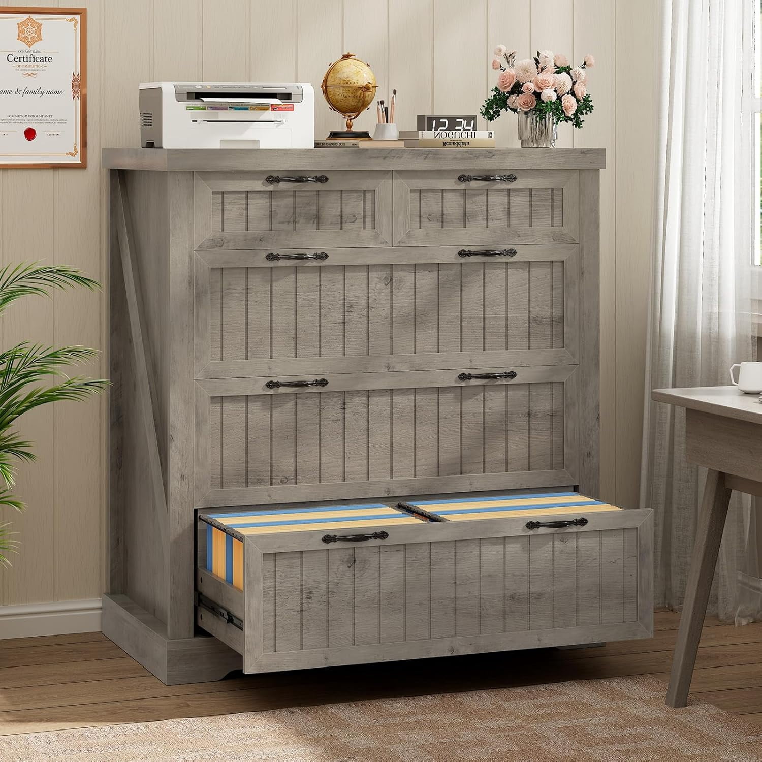 SEDETA File Cabinet with 5 Wood Drawers, Farmhouse Filing Cabinet for Home Office, Wood Office File Cabinets for Letter/Legal/A4 Size, Lateral File Cabinets with Printer Stand, Grey