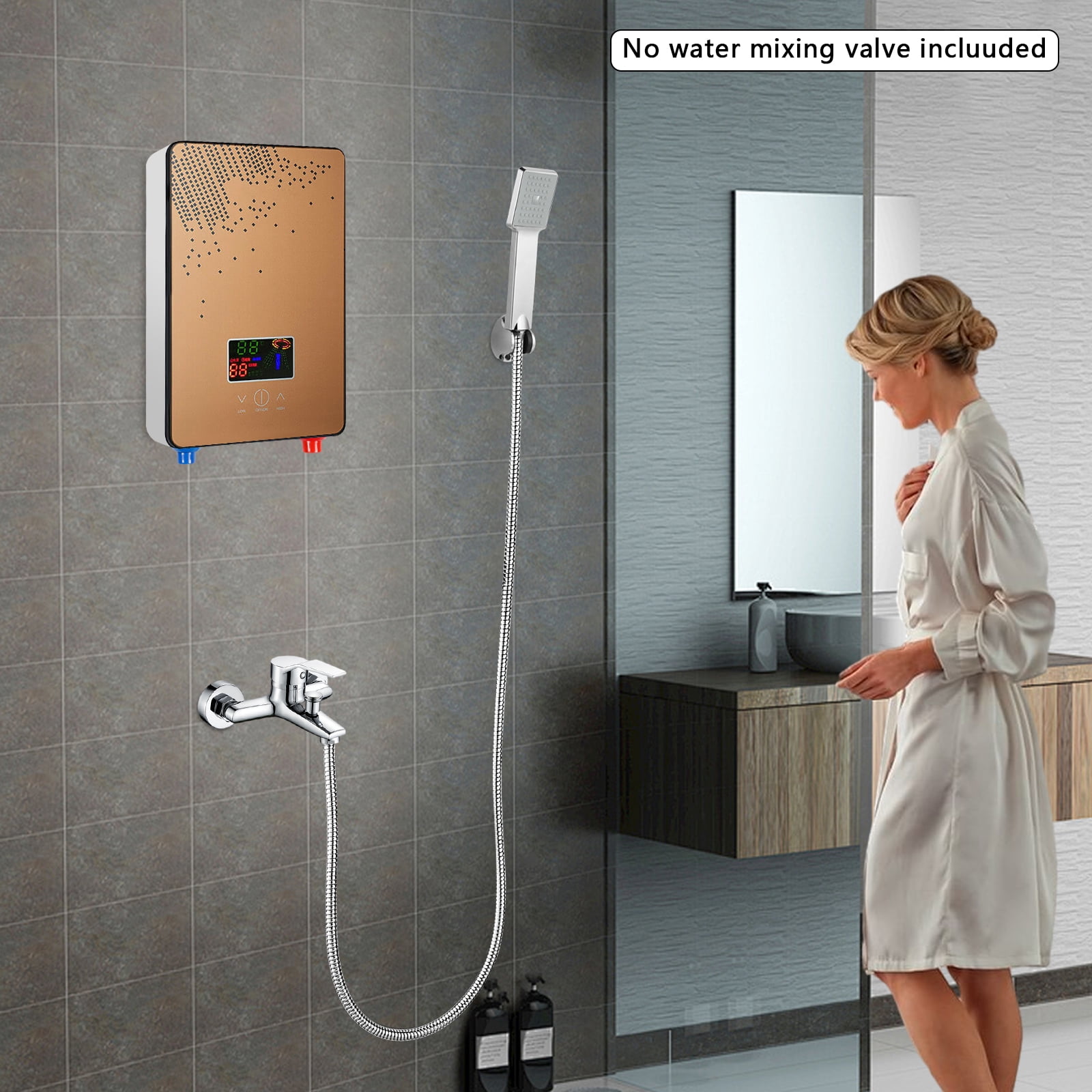 Instant Electric Water Heater - 4500W Tankless System with Constant Temperature, LED Display, Safety Features, and Shower Kit, Gold