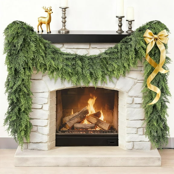 Guvpev 9FT Christmas Garland - Real Touch Cedar Garland Christmas Decorations, Soft & Lush Realistic Faux Greenery Garlands for Mantel, Table, Stairs, Doorframe, Indoor Outdoor Holiday Decorations