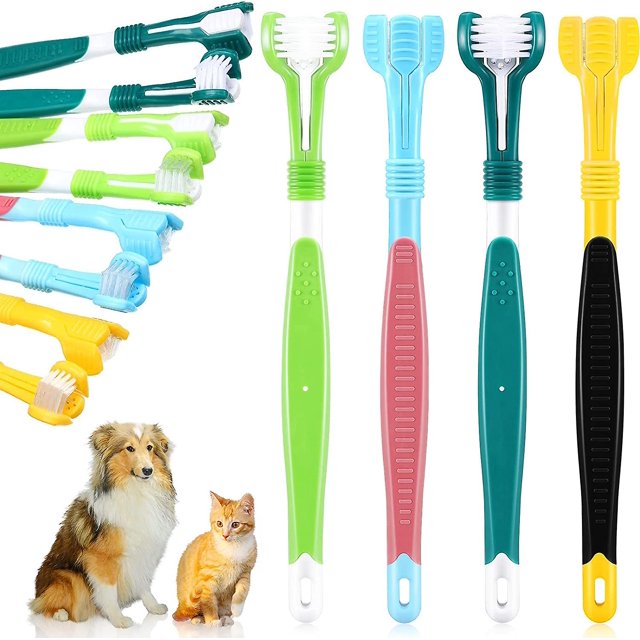 Cepillo de dientes para perros de 3 lados de 4 piezas, cepillo para mascotas con mango largo, Kit de cepillo de dientes canino para el cuidado Dental para limpieza de dientes de perros y gatos