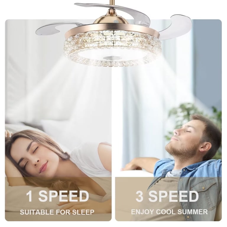 RuiWing 42" Bluetooth Crystal Ceiling Fan With Light & Speaker - Retractable Blades, Color Changing LED, Remote
