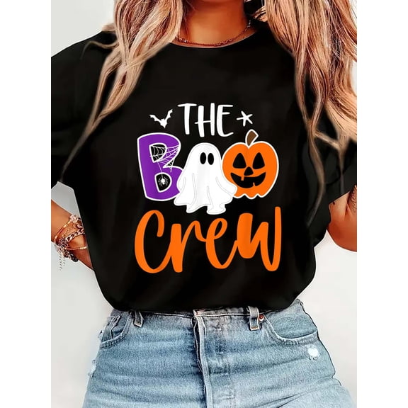 Halloween The Boo Crew Cute Ghost Spooky Family MatchingCrew Neck Graphic Tee Cotton Women T-Shirt