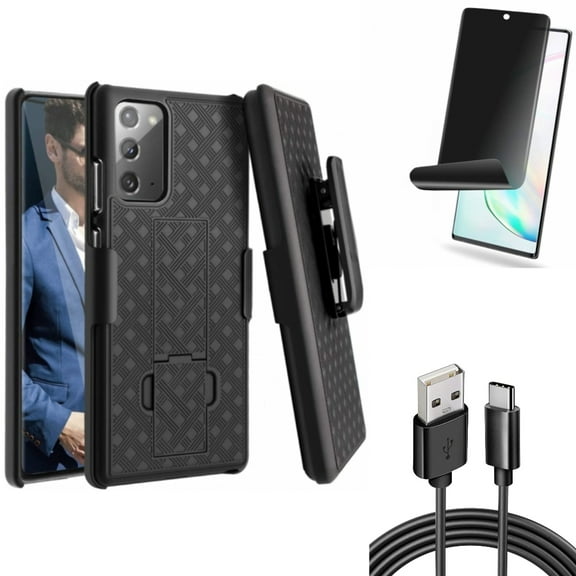 Case Belt Clip & Privacy Screen Protector & 6ft USB Cable for Samsung Galaxy Note 20 (6.7") - Combo with Holster Swivel & TPU Film Anti-Peep & Type-C Charger Cord