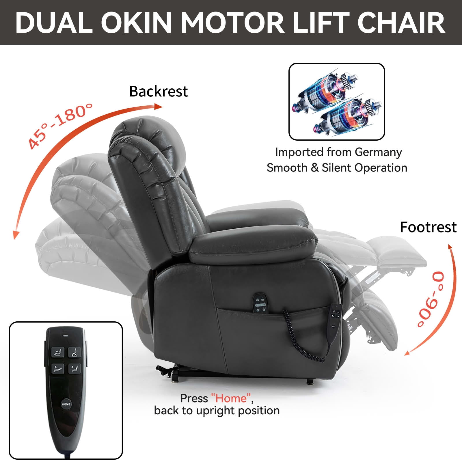 MAYEERTY Grey Dual Motor Power Lift Recliner, 350lbs 8-Point Massage Heat 180° 36"x40"x43" for Elderly