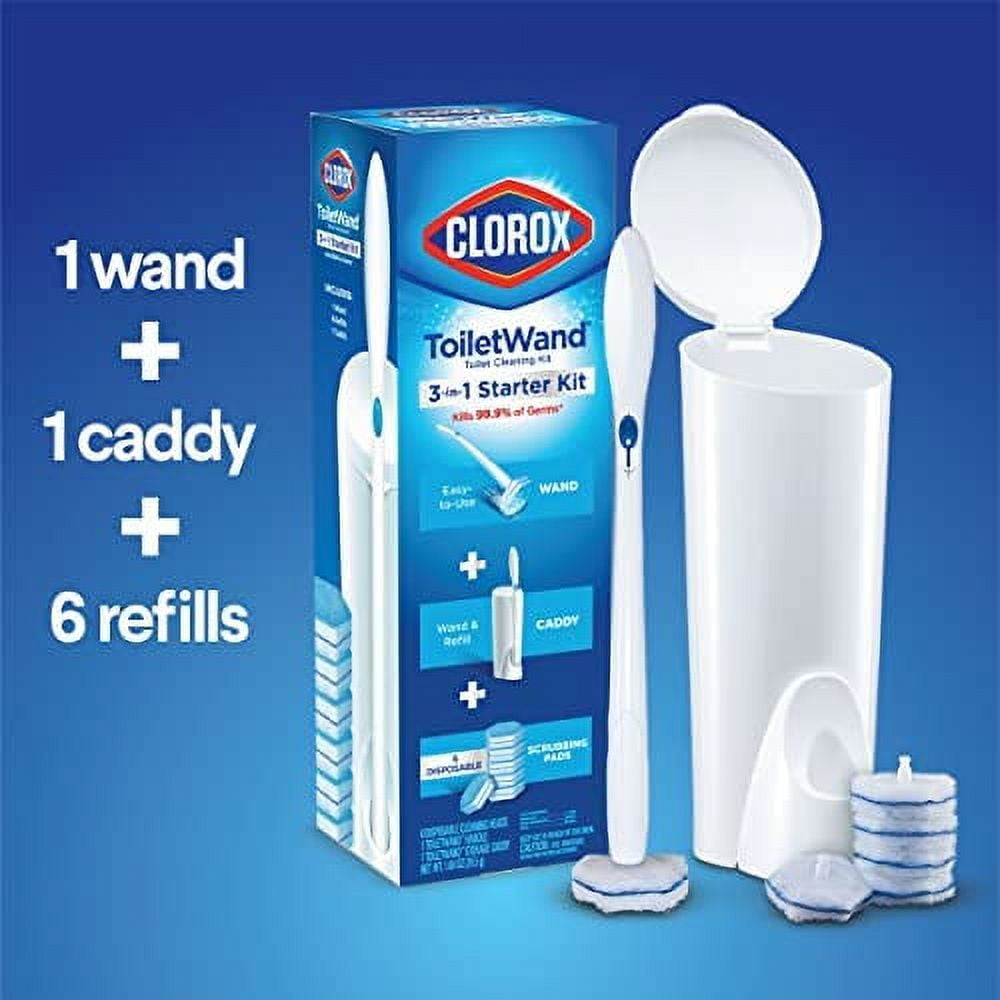 Clorox ToiletWand Disposable Toilet Cleaning Kit, Toilet Brush, Toilet and Bathroom Cleaning System with Storage Caddy and 6 Disinfecting ToiletWand Refill Heads (Package May Vary)